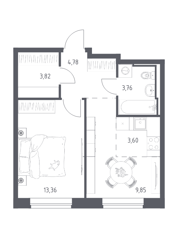 1-комнатная квартира, 39.17 м² в ЖК "Живи! В Рыбацком" - планировка, фото №1