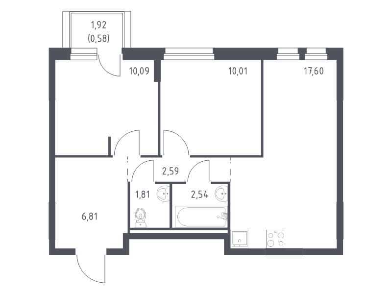3-комнатная (Евро) квартира, 52.03 м² в ЖК "Невская Долина" - планировка, фото №1