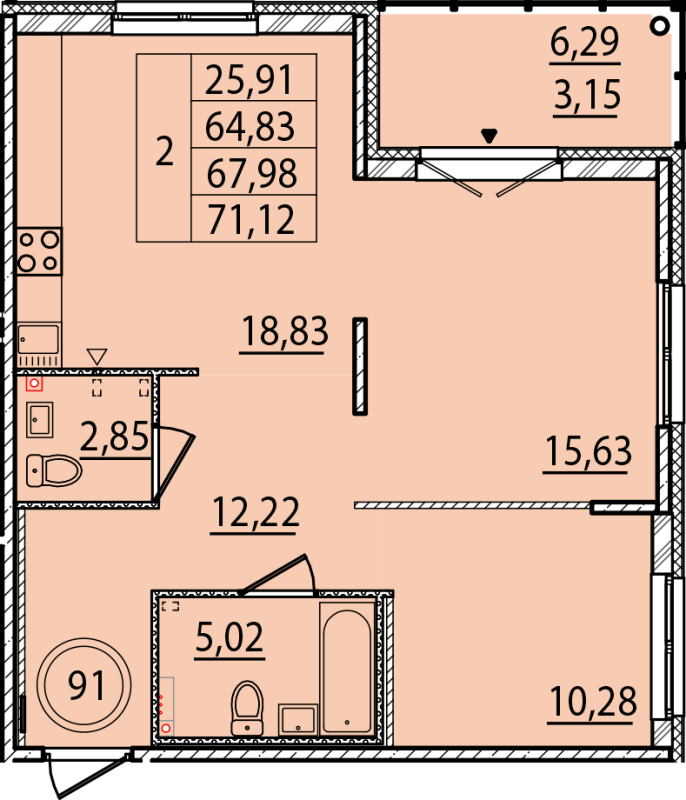 3-комнатная (Евро) квартира, 64.83 м² - планировка, фото №1