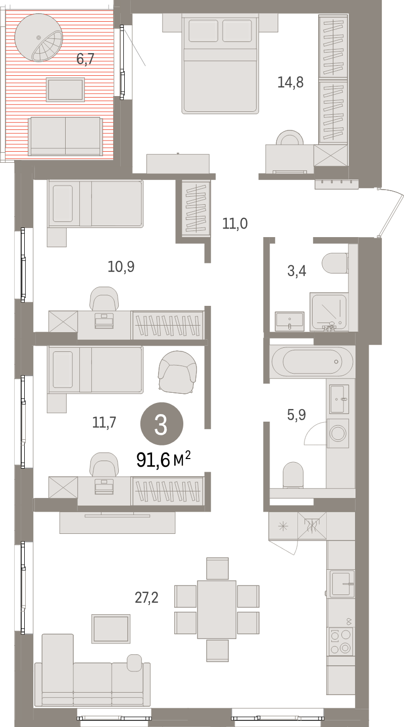4-комнатная (Евро) квартира, 91.6 м² в ЖК "Брусника в Новоселье" - планировка, фото №1