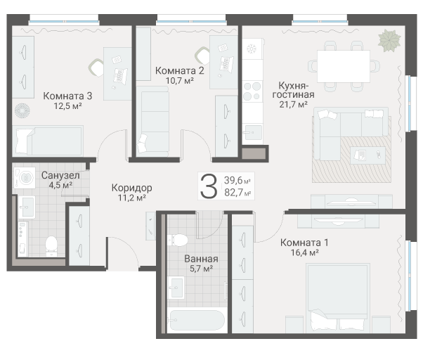 4-комнатная (Евро) квартира, 82.7 м² в ЖК "Руднева 15" - планировка, фото №1