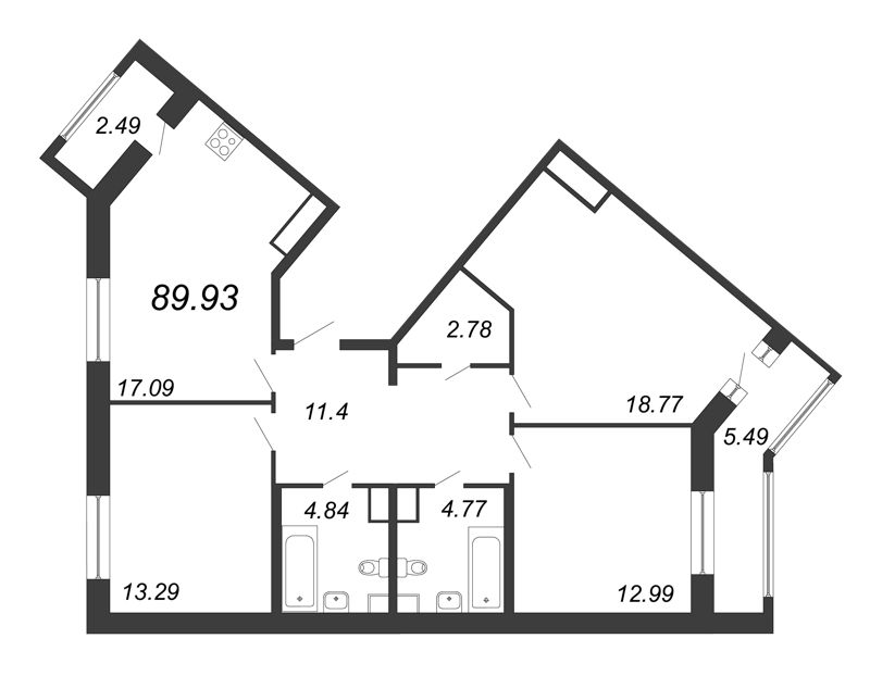 4-комнатная (Евро) квартира, 89.93 м² - планировка, фото №1