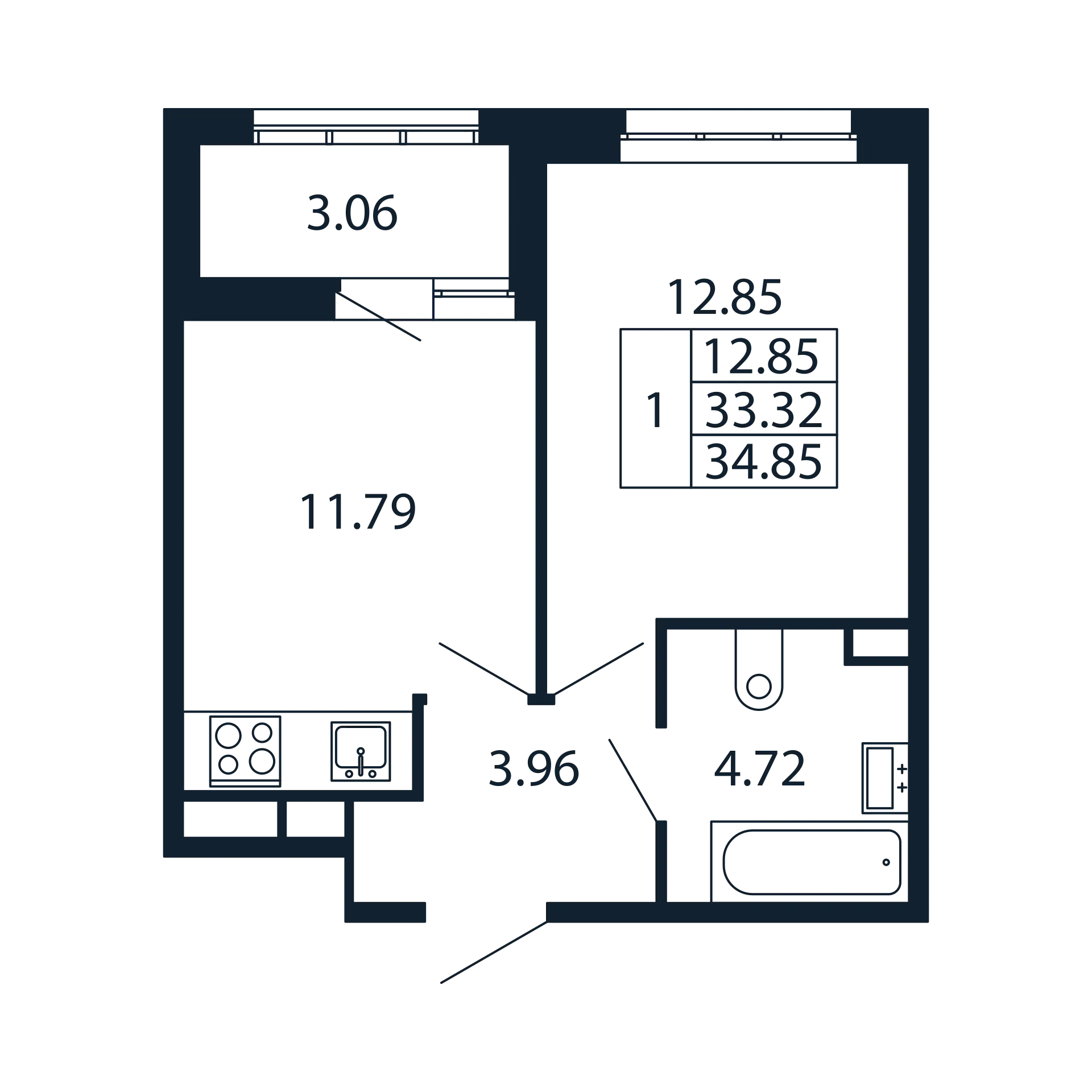 1-комнатная квартира, 33.32 м² - планировка, фото №1