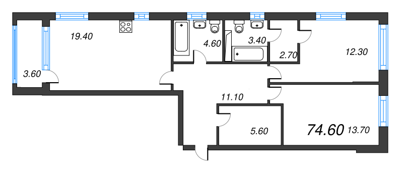 3-комнатная (Евро) квартира, 74.6 м² - планировка, фото №1