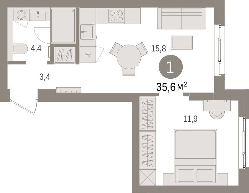 2-комнатная (Евро) квартира, 39.8 м² в ЖК "Брусника в Новоселье" - планировка, фото №1