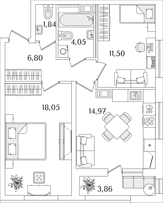 2-комнатная квартира, 59.14 м² в ЖК "Лайнеръ" - планировка, фото №1