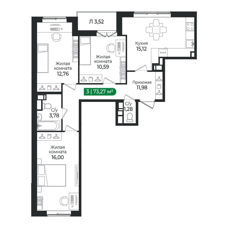 4-комнатная (Евро) квартира, 73.27 м² в ЖК "Сертолово Парк" - планировка, фото №1