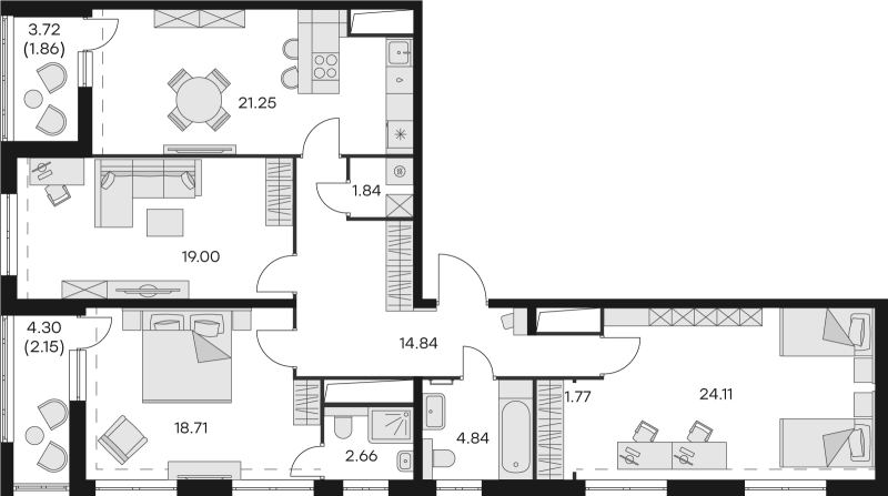 3-комнатная квартира, 113.03 м² в ЖК "GloraX Заневский" - планировка, фото №1