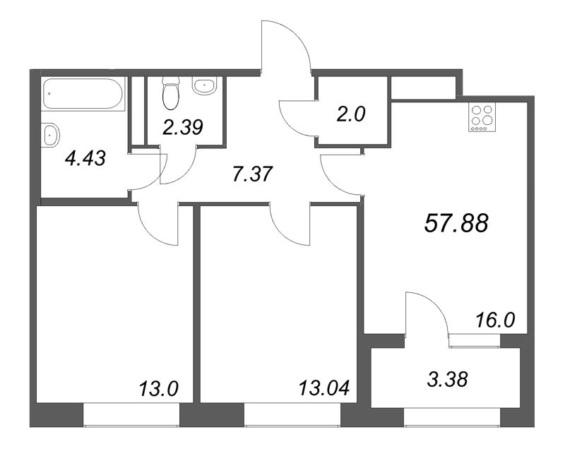 3-комнатная (Евро) квартира, 57.88 м² в ЖК "Дом на Курской" - планировка, фото №1