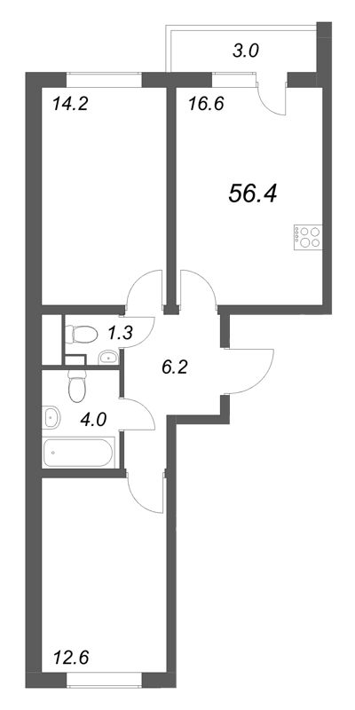 3-комнатная (Евро) квартира, 56.4 м² в ЖК "Ручьи" - планировка, фото №1
