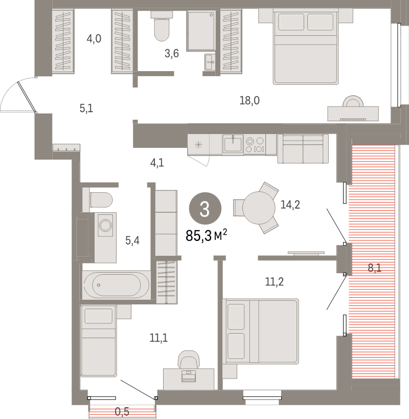 3-комнатная квартира, 85.3 м² в ЖК "Северный ветер" - планировка, фото №1
