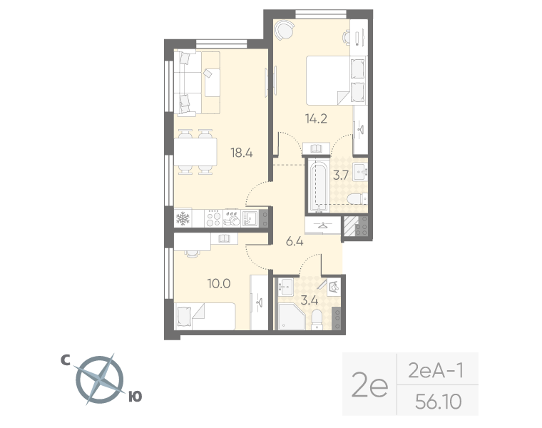 3-комнатная (Евро) квартира, 56.1 м² в ЖК "Пулково Lake" - планировка, фото №1