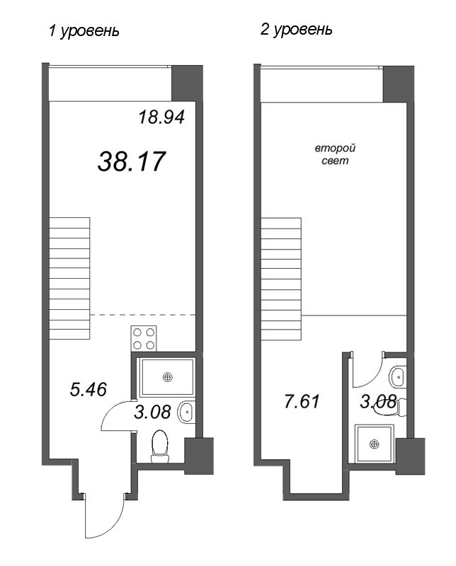 2-комнатная (Евро) квартира, 38.17 м² - планировка, фото №1