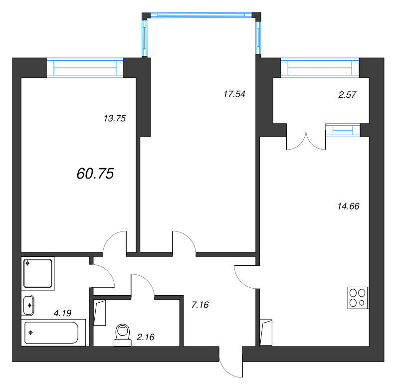 2-комнатная квартира, 60.75 м² - планировка, фото №1