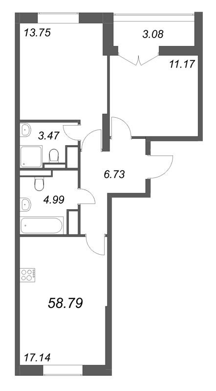 3-комнатная (Евро) квартира, 58.79 м² в ЖК "Цивилизация на неве" - планировка, фото №1