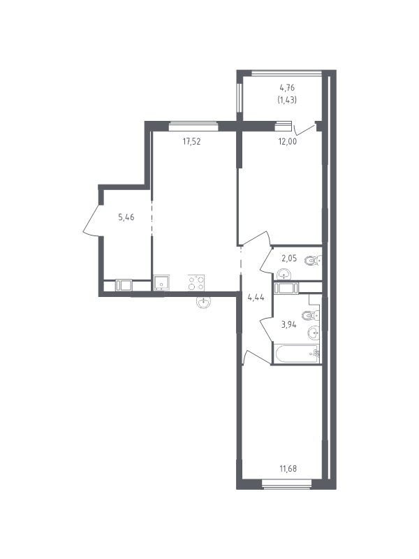 3-комнатная (Евро) квартира, 58.52 м² в ЖК "Южная Нева" - планировка, фото №1