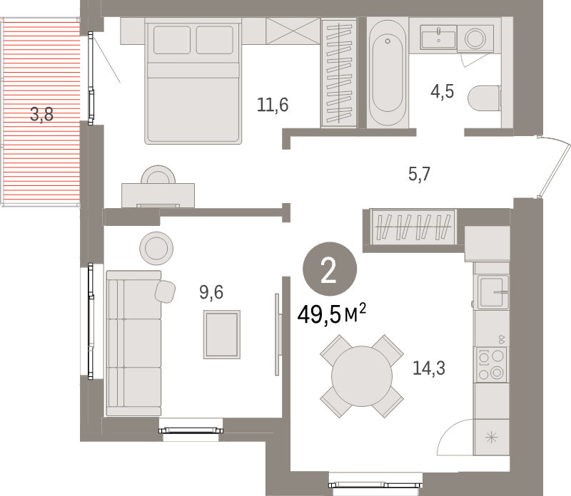 2-комнатная квартира, 49.5 м² в ЖК "Брусника в Новоселье" - планировка, фото №1