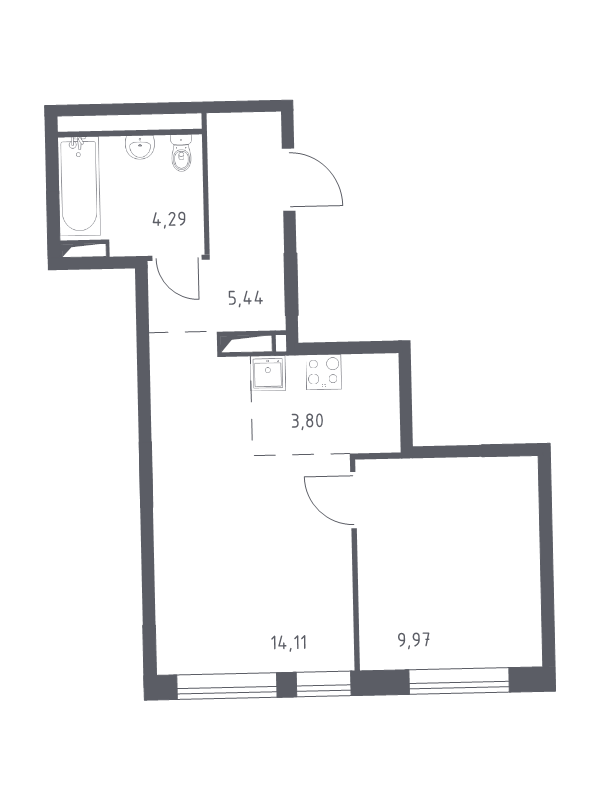 2-комнатная (Евро) квартира, 37.61 м² - планировка, фото №1