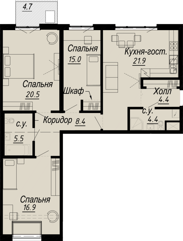 4-комнатная (Евро) квартира, 98.4 м² - планировка, фото №1