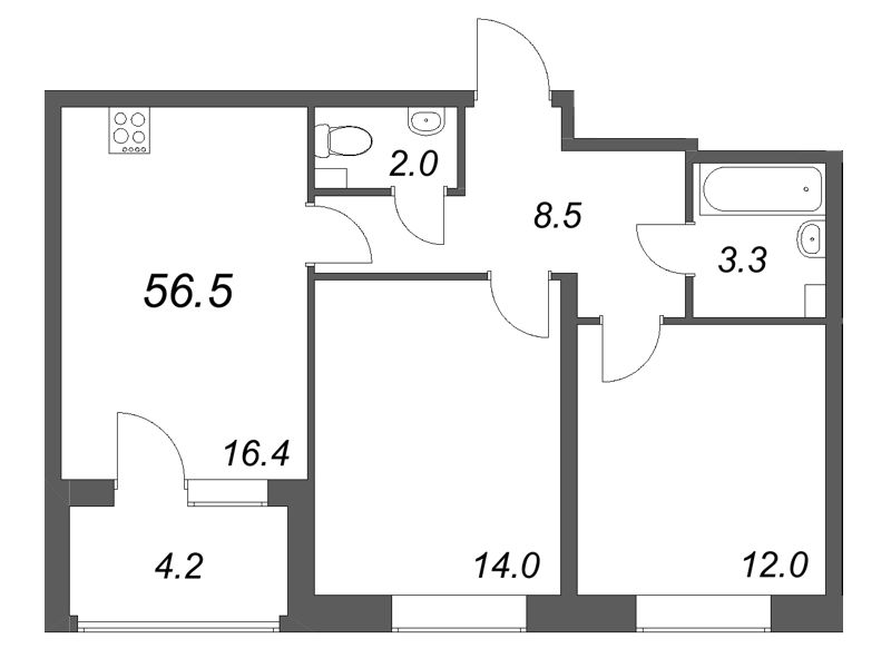 3-комнатная (Евро) квартира, 56.5 м² в ЖК "М36" - планировка, фото №1
