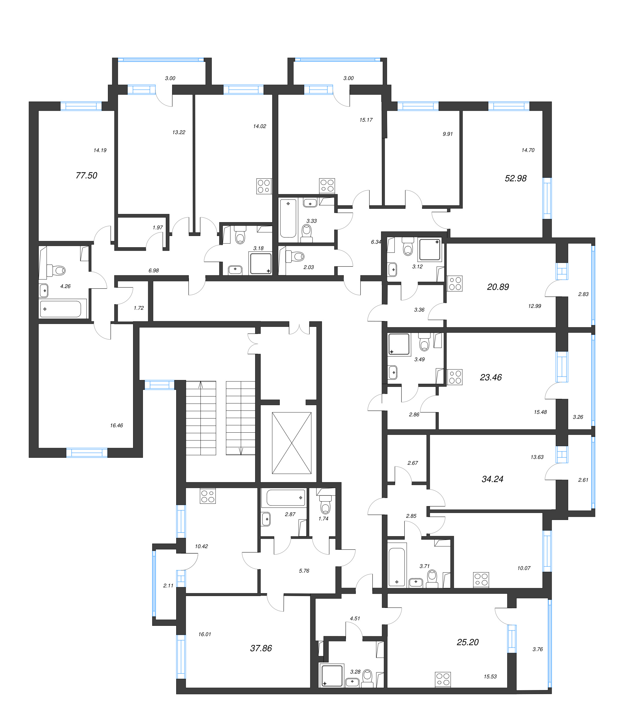 3-комнатная (Евро) квартира, 52.98 м² - планировка этажа