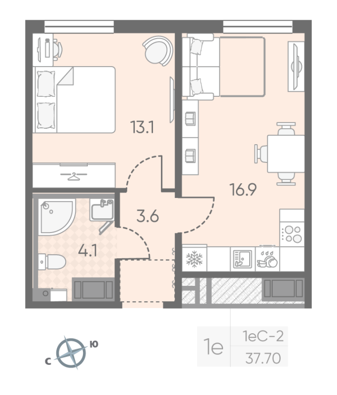 1-комнатная квартира, 37.7 м² - планировка, фото №1