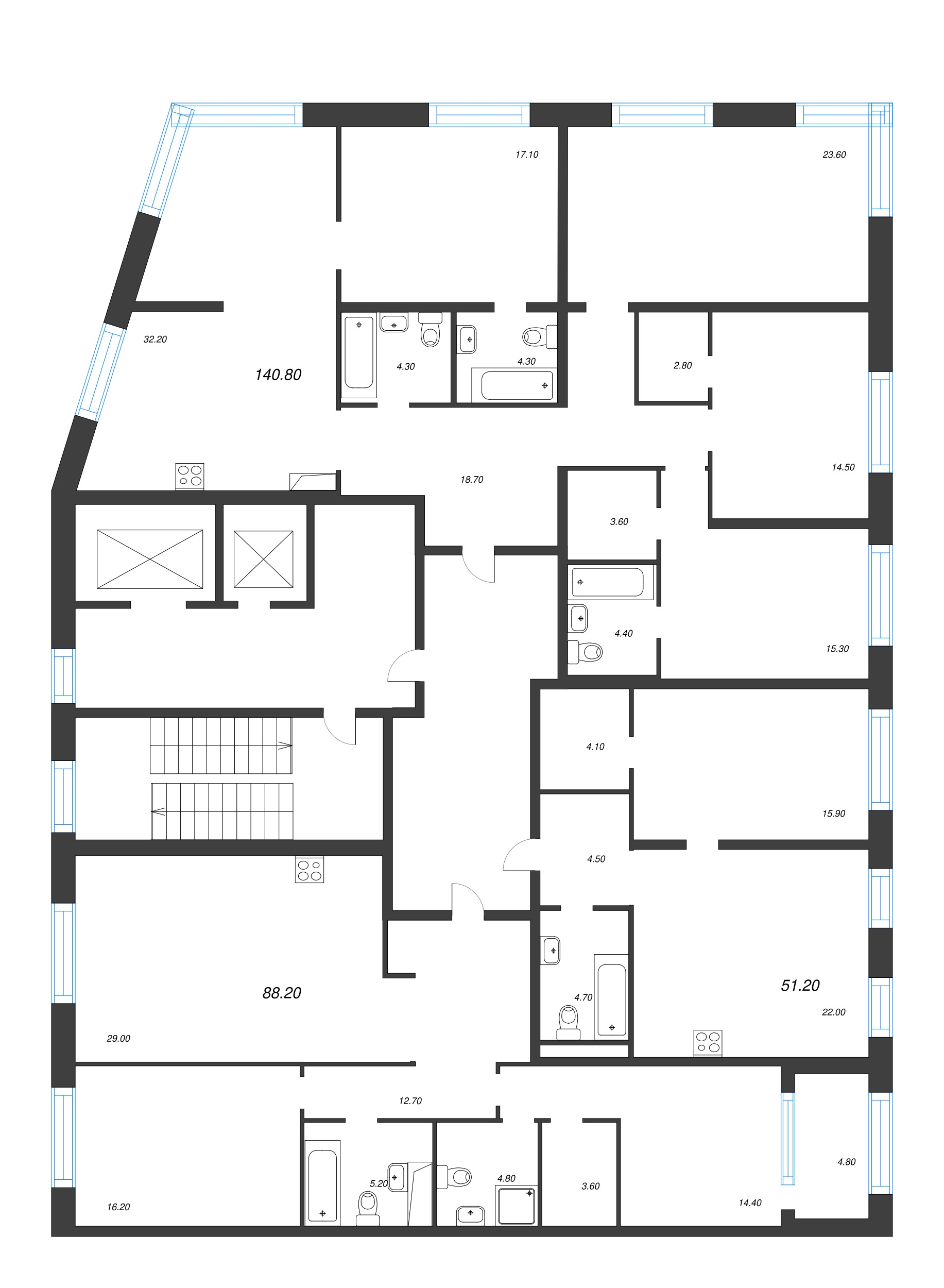 5-комнатная (Евро) квартира, 140.8 м² - планировка этажа