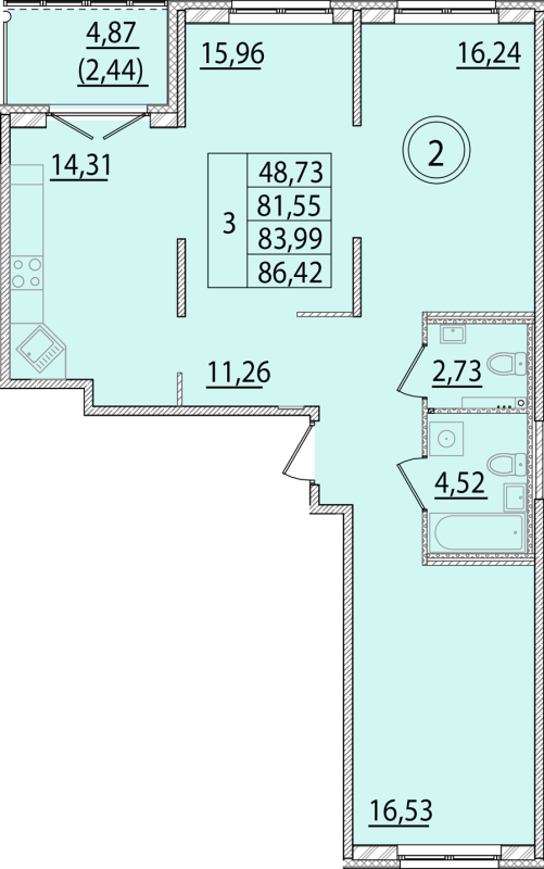3-комнатная квартира, 81.55 м² - планировка, фото №1