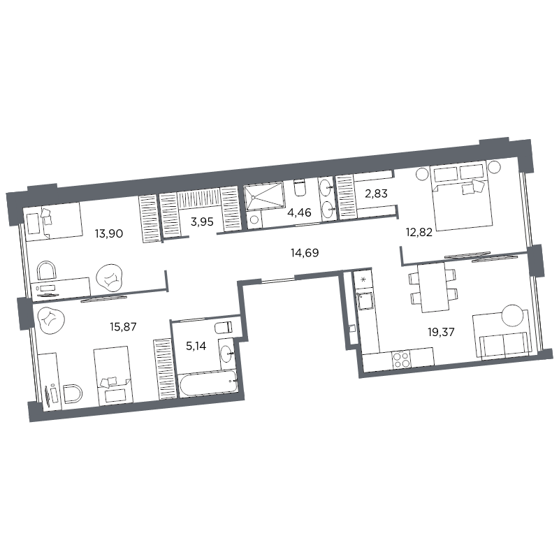 4-комнатная (Евро) квартира, 93.03 м² в ЖК "Акватория" - планировка, фото №1