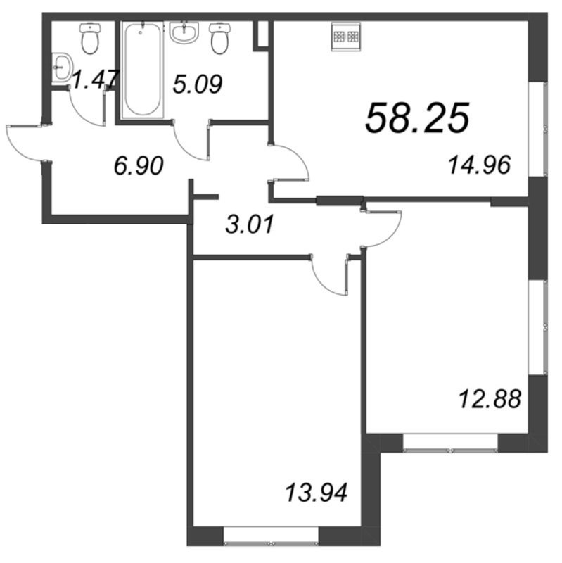 3-комнатная (Евро) квартира, 58.25 м² в ЖК "VEREN NORT сертолово" - планировка, фото №1