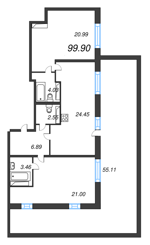 3-комнатная (Евро) квартира, 99.9 м² - планировка, фото №1