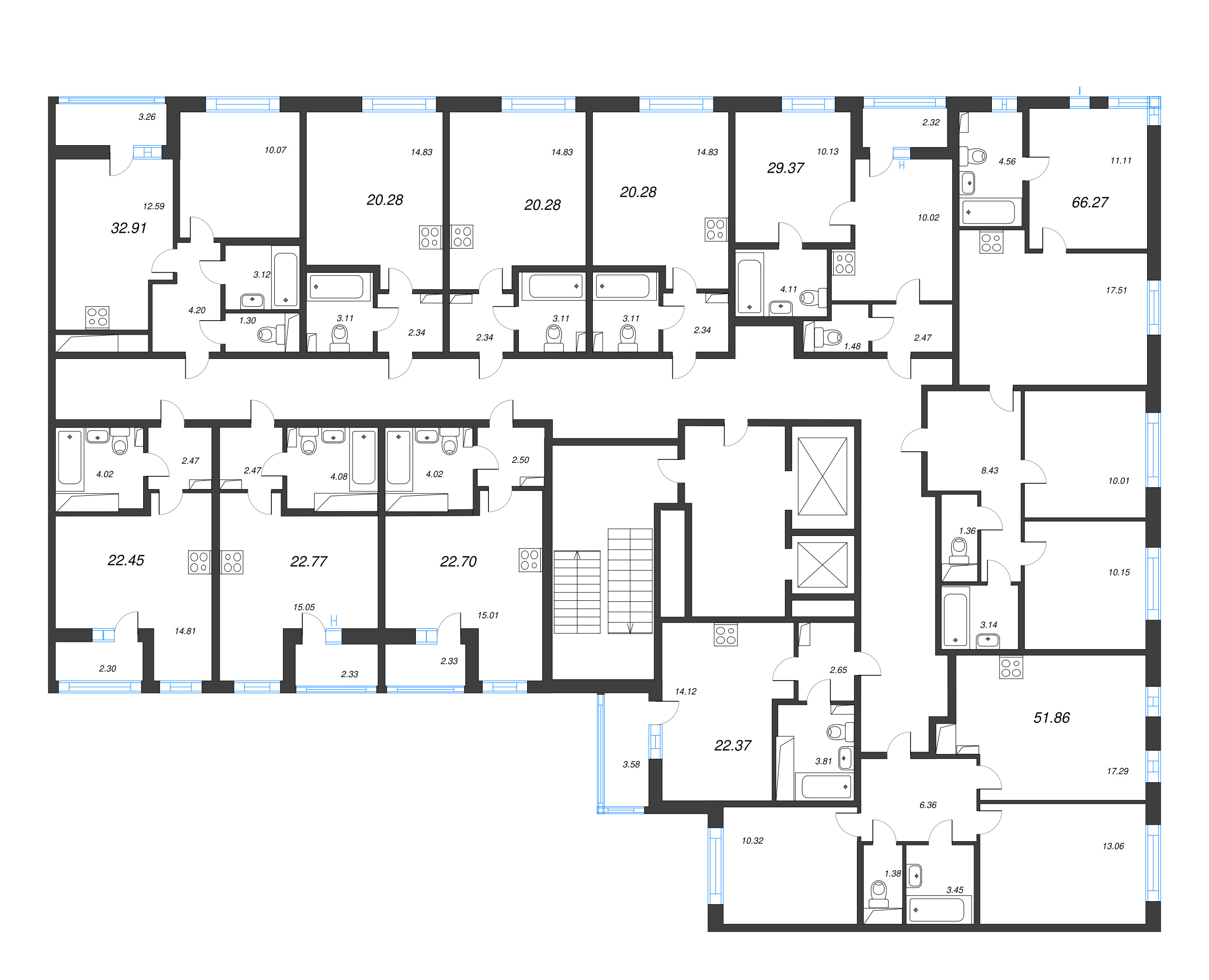 4-комнатная (Евро) квартира, 66.27 м² - планировка этажа