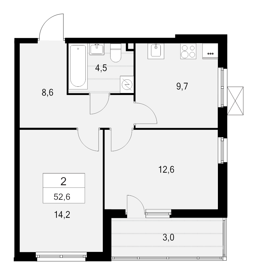 2-комнатная квартира, 52.6 м² - планировка, фото №1