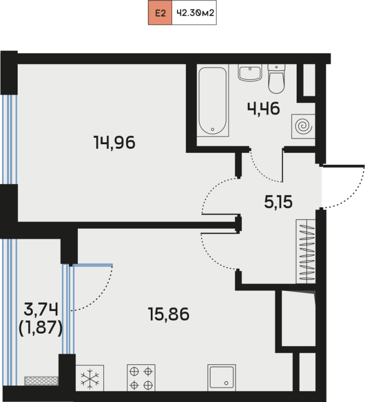 2-комнатная (Евро) квартира, 40.77 м² в ЖК "Дом Регенбоген" - планировка, фото №1