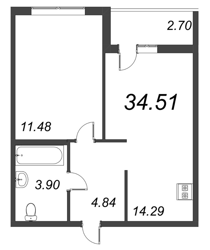 1-комнатная квартира, 37.21 м² - планировка, фото №1