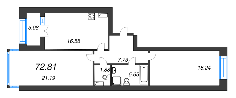 3-комнатная (Евро) квартира, 76.5 м² в ЖК "Наука" - планировка, фото №1