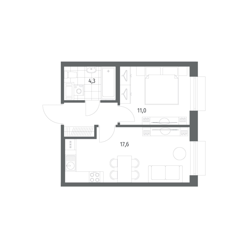 2-комнатная (Евро) квартира, 37.1 м² в ЖК "Парусная 1" - планировка, фото №1