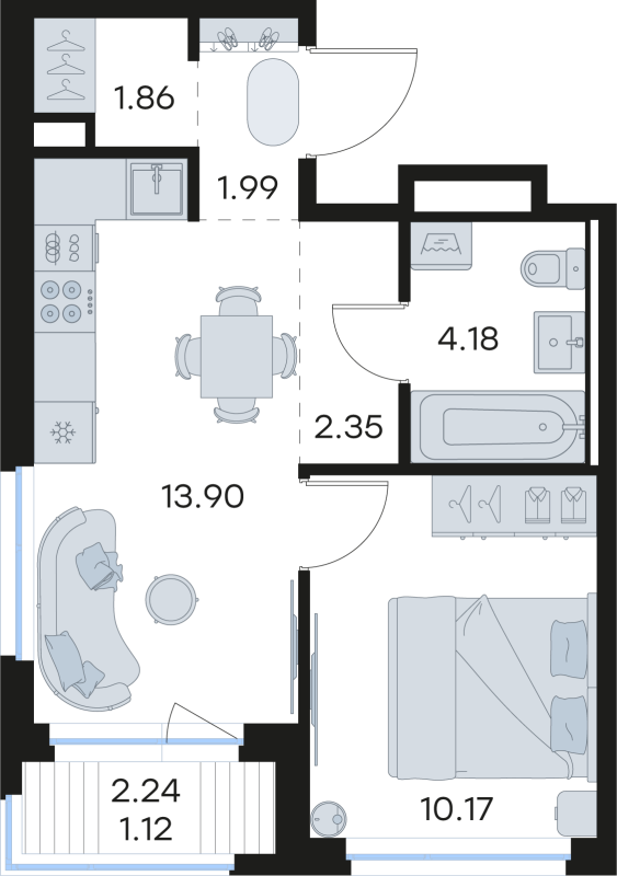2-комнатная (Евро) квартира, 35.57 м² в ЖК "Новоселье" - планировка, фото №1