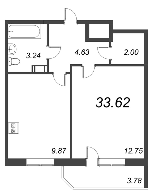 1-комнатная квартира, 33.62 м² - планировка, фото №1