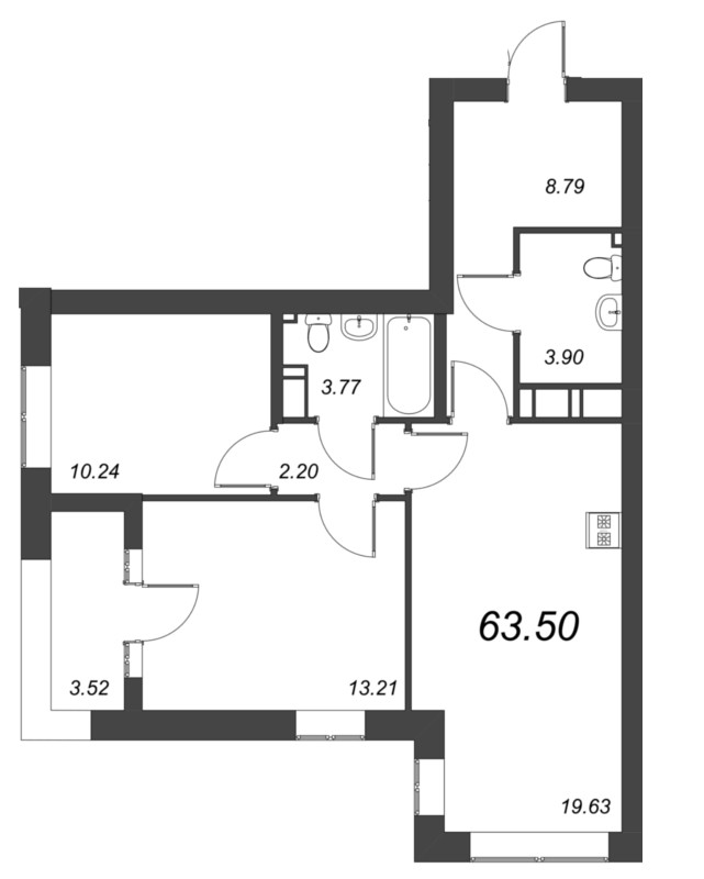 3-комнатная (Евро) квартира, 64.3 м² - планировка, фото №1