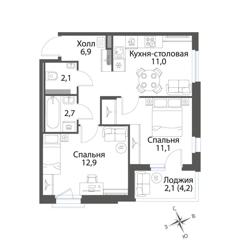 2-комнатная квартира, 48.8 м² в ЖК "Экография" - планировка, фото №1