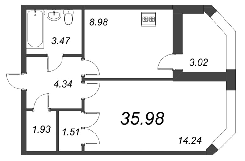 1-комнатная квартира, 35.98 м² в ЖК "Капральский" - планировка, фото №1