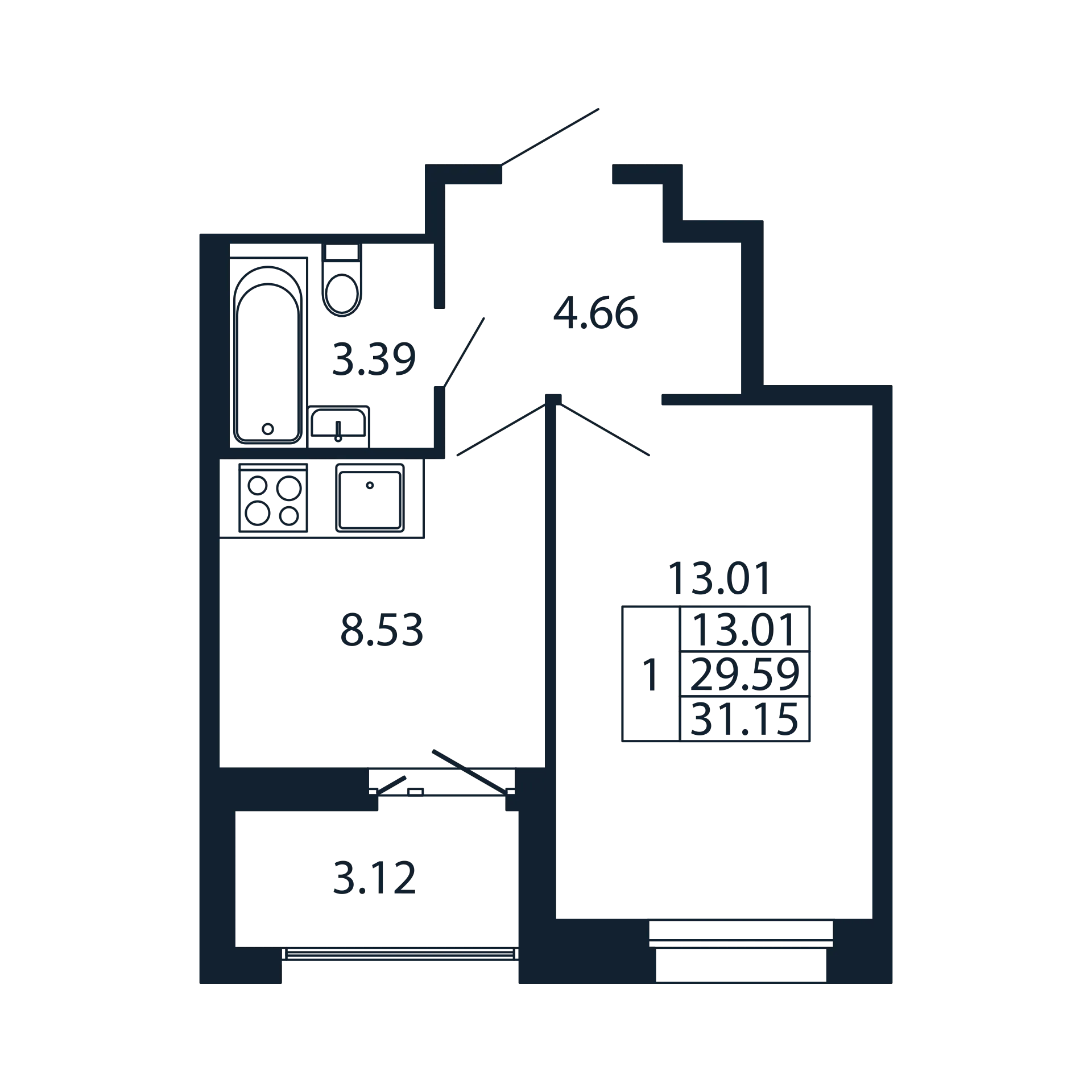 1-комнатная квартира, 29.59 м² в ЖК "Полис Новоселье" - планировка, фото №1