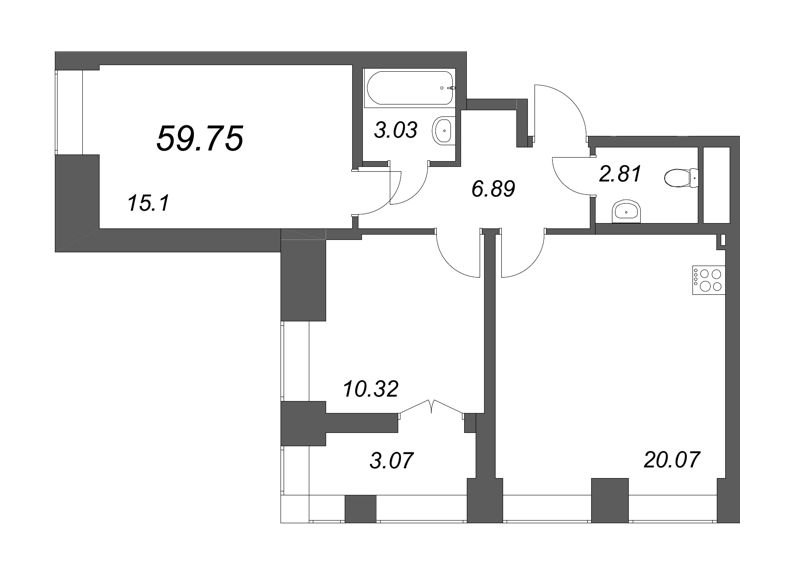 2-комнатная (Евро) квартира, 59.75 м² в ЖК "Морская набережная. SeaView" - планировка, фото №1