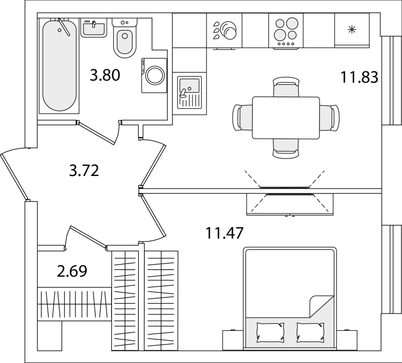1-комнатная квартира, 33.51 м² в ЖК "Кинопарк" - планировка, фото №1