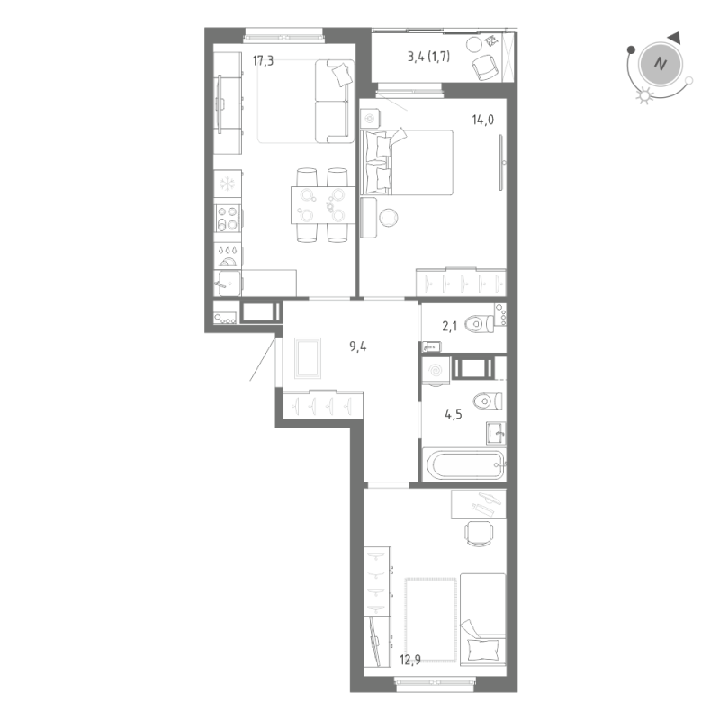 3-комнатная (Евро) квартира, 61.9 м² в ЖК "Клюква.Парк" - планировка, фото №1