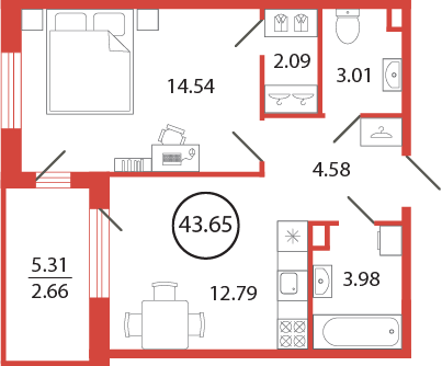 1-комнатная квартира, 43.65 м² в ЖК "Энфилд" - планировка, фото №1