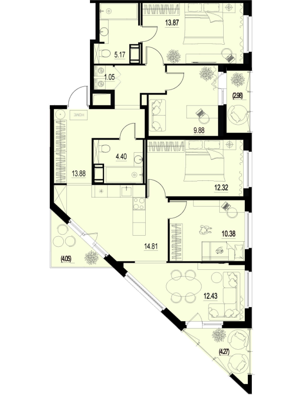 5-комнатная (Евро) квартира, 102.17 м² - планировка, фото №1
