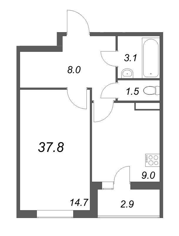 1-комнатная квартира, 37.8 м² - планировка, фото №1