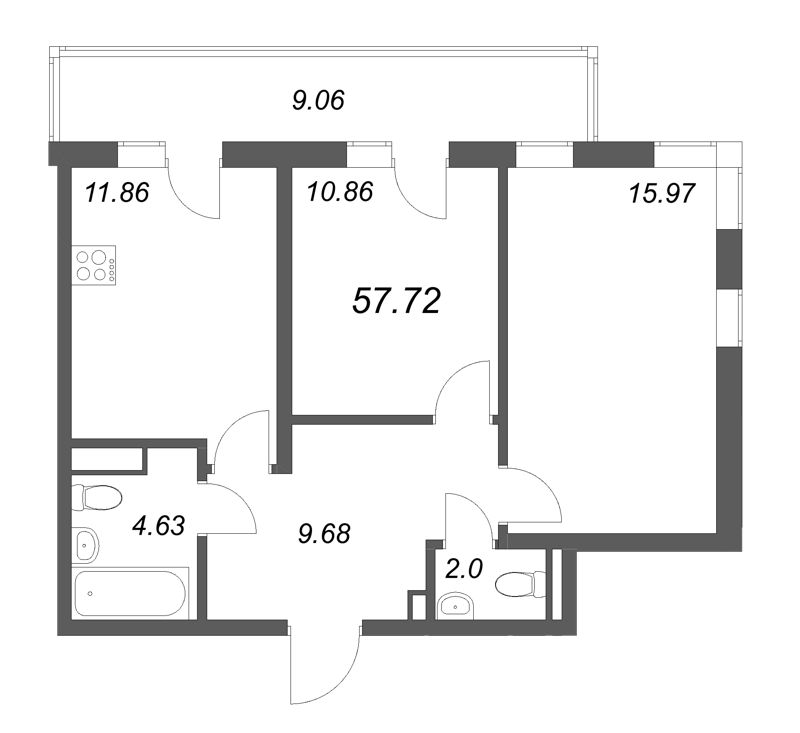 2-комнатная квартира, 57.72 м² - планировка, фото №1